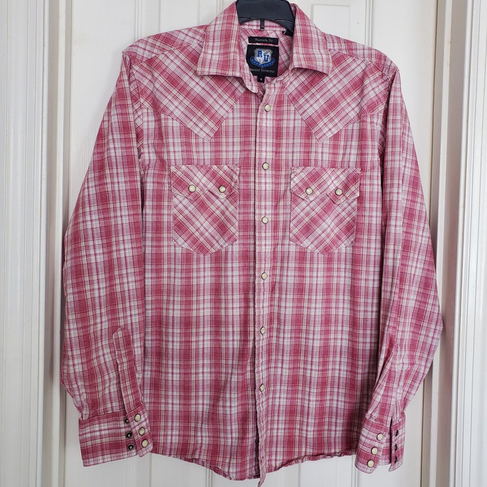 Resistol University Mens Small‎ Red Plaid Western Pearl Snap Cotton Shirt S
